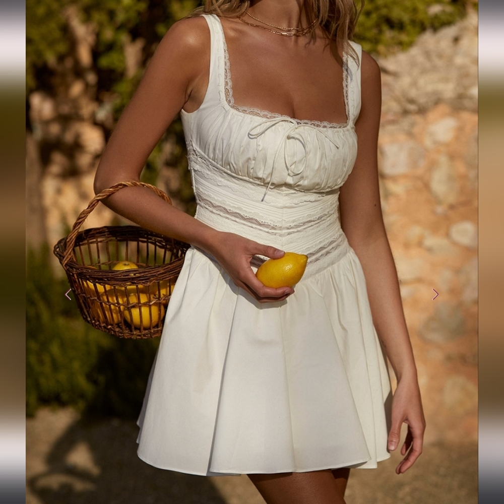 NEW! House of CB Tiffani White Lace Trim Mini Dress No Ribbon L+